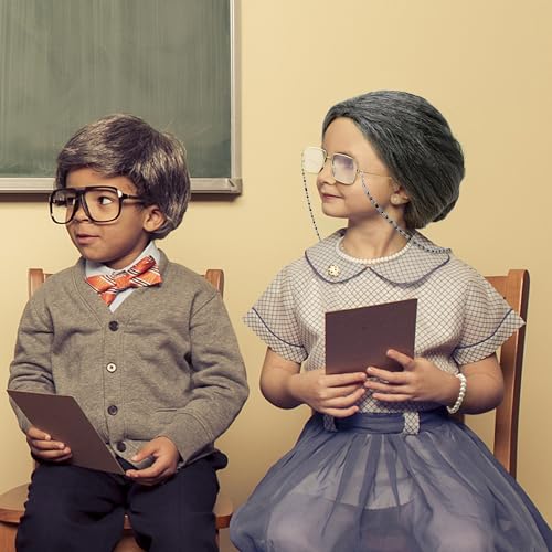 Huskein Old Lady Costume for Women, 100 Days of School Costume for Girls, Granny Bun Wig Glasses Wig Cap Pearl Necklace Br...