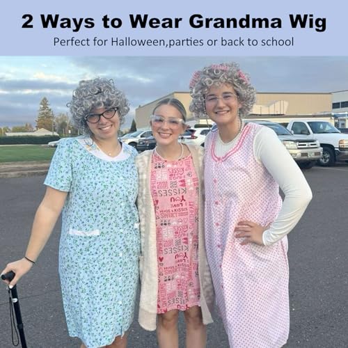 WOVOWOVO Old Lady Costume for Women,Grandma Costume Curly Grey Wig Set,Wig Caps,Madea Granny Glasses, Eyeglass Retainer Ch...