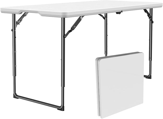 FurniEdge 4ft Folding Table with Adjustable Height, Heavy Duty Fold-in-Half Plastic Table with Steel Legs, Portable for In...