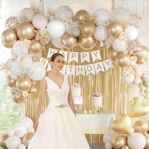 White and Golden Birthday Party Decorations with Happy Birthday Banner Fringe Curtai Tablecloth Butterfly Decorations Foil...
