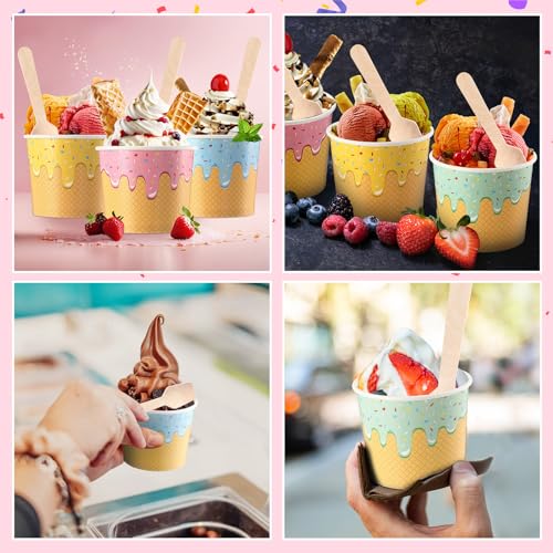 Ninehaoou 100 Pack Paper Ice Cream Cups with Spoons Paper Dessert Cups Colorful Sundae Bowls Disposable Ice Cream Containe...