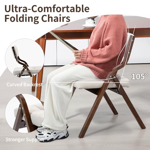 HOMEFUN Folding Chairs with Cushion, Wooden Padded Foldable Chair 2 Pack, Portable and Assembled Seat for Guests Kitchen O...