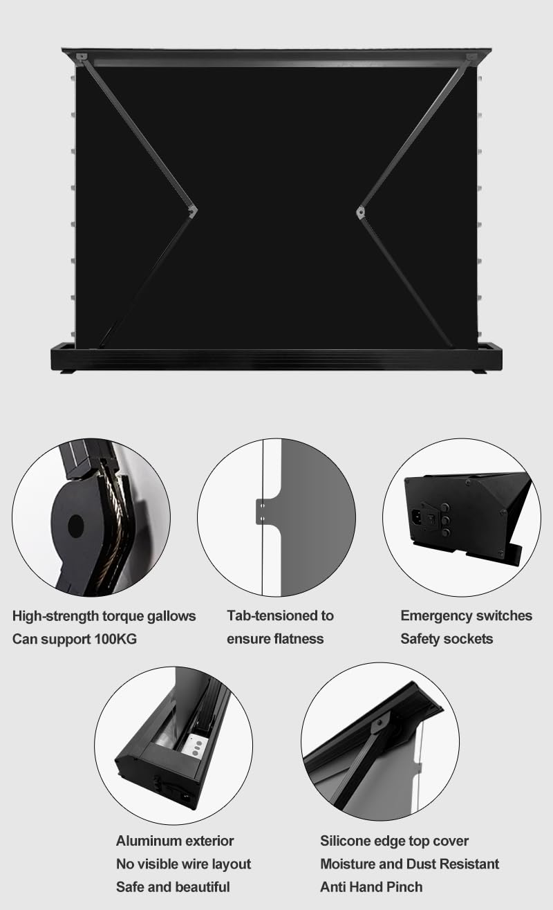 VeezuJoyz 100 inch HBSI V2.0 Motorized Floor-Rising ALR Projection Screen for UST Projector, 16:9 4K/8K UHD, Smart App & Voice Control, Quiet Lift, Cinematic Home Theater & Professional Office