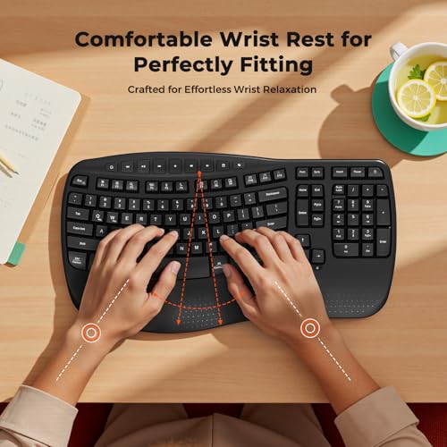 MEETION Wireless Ergonomic Keyboard, Wave Keys Firm Wrist Rest for Natural Typing, 2.4G USB-A Cordless Receiver and USB-C ...