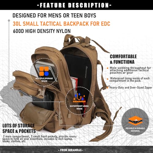 Miramrax Small Tactical Backpack Military Daypack - 30L Backpack for Men Molle Assault Pack Bug Out Bag for Hiking Camping...