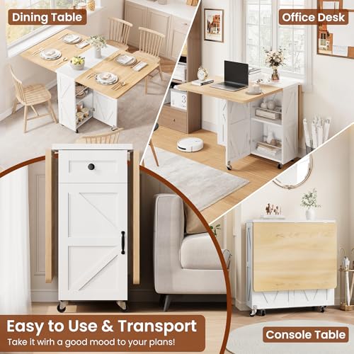 Jocoevol Space Saving Folding Dining Table for 4, Farmhouse Foldable Dining Table with Drawer and Storage Shelf, 6 Wheels ...