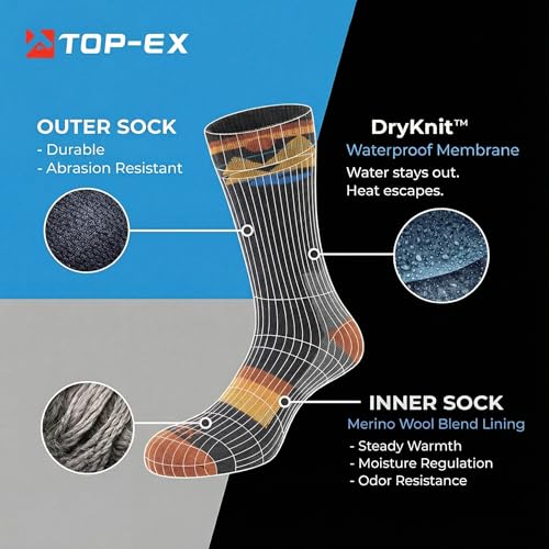 TOP-EX DryKnit™ Waterproof Merino Wool Socks for Men & Women, Breathable, Hiking, Camping and All Winter Activities –Crew