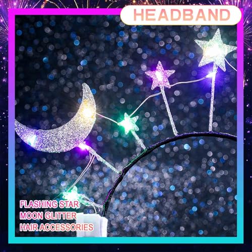 Olbye Light up Moon Star Headband Glitter Halo Headbands Flashing Headpiece Glow in Dark Hairbands Led Festival Hair Acces...