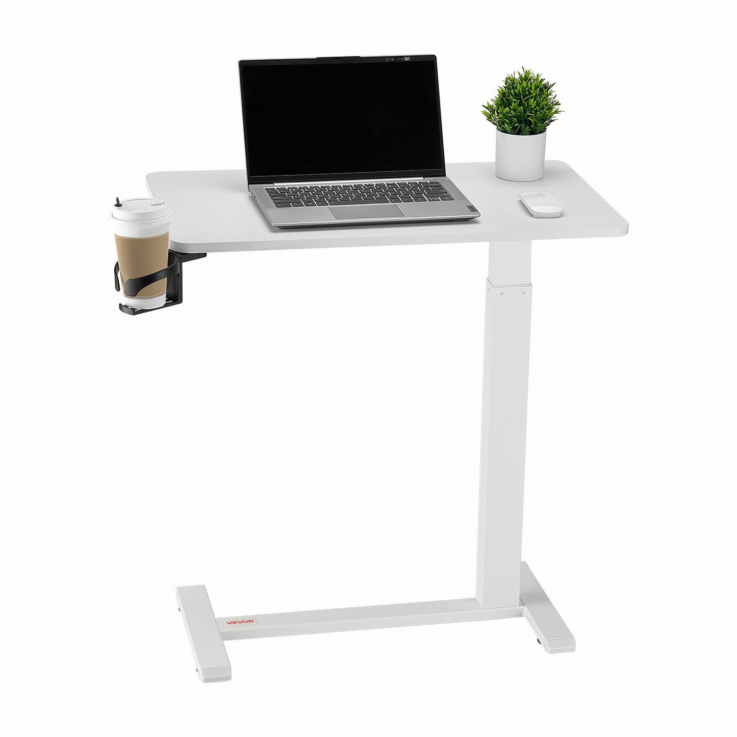 VEVOR Overbed Table, Over Bed Table with Wheels Adjustable Height, Mobile Hospital Bed Table, Rolling Laptop Desk with Fixed Top & Cup Holder, Portable Over Bed Desk for Home, Office, Study, White