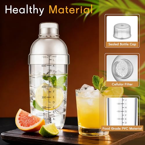 BETTFOR Plastic Cocktail Shaker with Measuring Scale 24oz (700ml), Leak-Proof & Shatter-Resistant Drink Mixer for Bartendi...