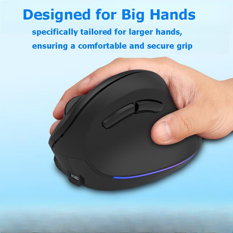 Wireless Mouse Ergonomic Vertical Mouse for Large Hands Rechargeable Big Quiet Silent Ergo Blue LED Light 3600DPI Carpal T...