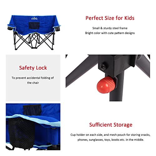 SUNNYFEEL Kids Folding Double Camping Chair, Portable Kids Camping Chairs 2 Seat Chair, Blue Padded Foldable Lawn Chairs w...