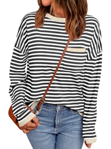 LILLUSORY Womens Striped Soft Knit Pullover Sweater Loose Fit Shirts with Chest Pocket