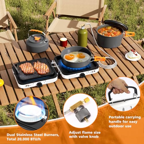 Hisencn Camping Stove,2 Burner Propane Stove,20000 BTU/h Camping Cooking set Includes Frying Pan,Kettle and Pot,Adjustable...