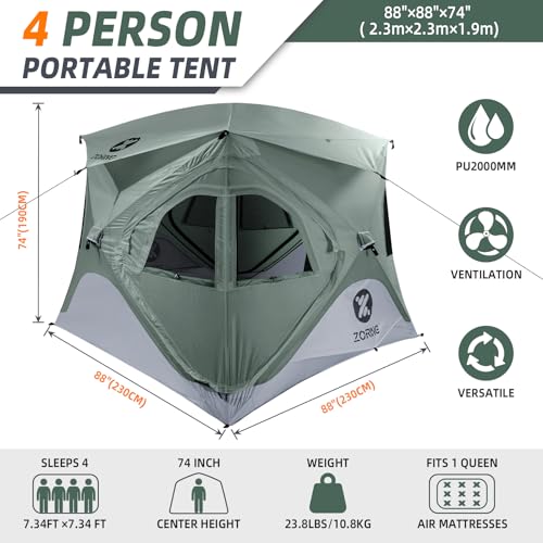 Zoring Pop Up Tent for Camping, Instant Cabin Hub Tent 4 Person, Waterproof Hub Shelter with Rainfly & Removable Floor, Ea...