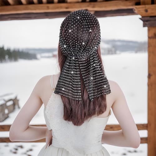 hoyuwak Rhinestone Mesh Headband Head Wrap Head Scarf Hair Scarf Turban Headpiece for Women Hair Styling Holiday Rave Hippie