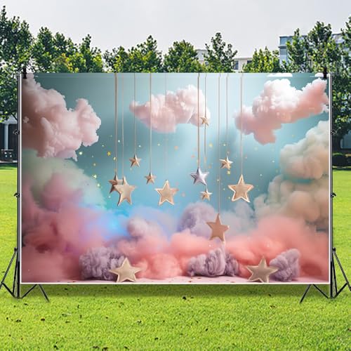 Leowefowa 8x6ft Pink Cloud Starry Stars Backdrop Sweet Princess Birthday Girl Baby Shower Party Decorations Photography Ba...
