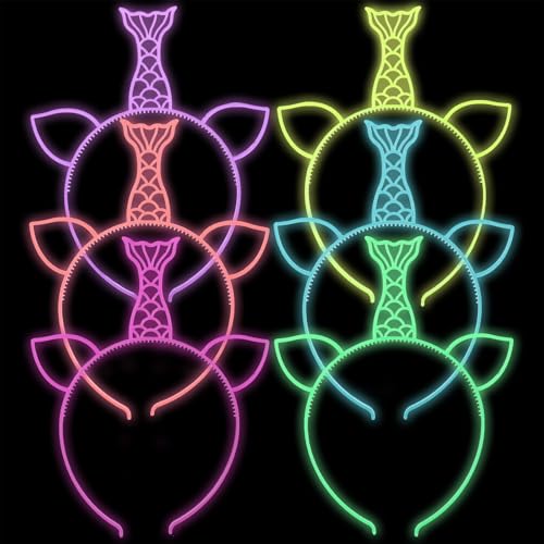 Jaqakid 6PCS Glow in The Dark Party Supplies Mermaid Luminous Headbands for Girls Women Light Up Hair Band for Birthday Pa...
