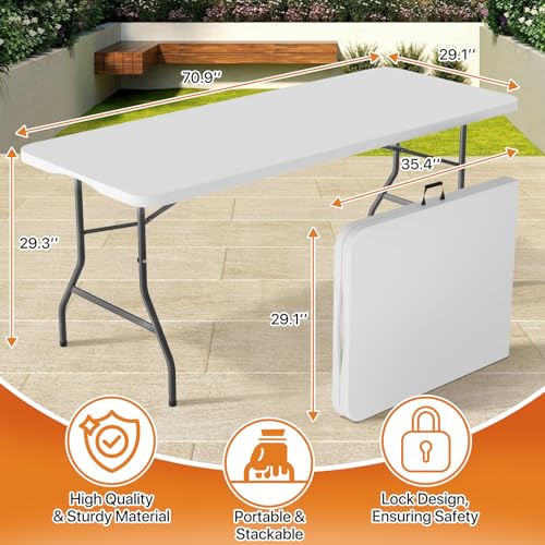Folding Table 6 ft | Heavy Duty Plastic Picnic Table Indoor Outdoor | Portable Camping Dining Party Utility Table | Easy t...