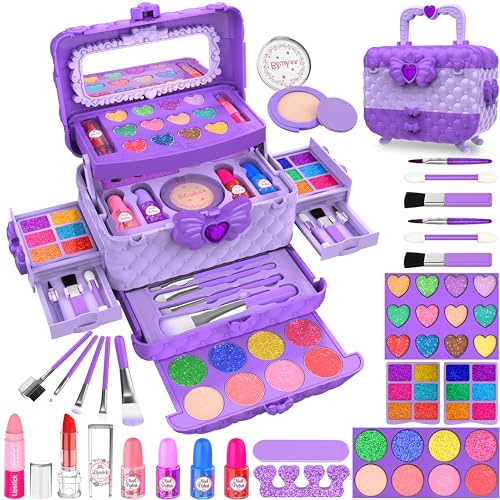 54 Pcs Kids Makeup Kit for Girls, Princess Real Washable Pretend Play Cosmetic Set Toys with Mirror, Birthday Gifts for 3 ...