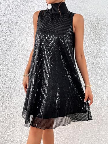 Floerns Women's Contrast Sequin Sleeveless Tank Dress High Neck Bow Shiny Party Dress