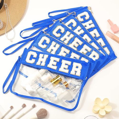 Kacctyen 20 Pcs Chenille Letter Cheer Bags Cheerleader Clear Makeup Bags Snacks Pouch Bulk Preppy Patch Cosmetic Pouch with Wrist Strap Zipper for Travel Team Cheerleaders (Blue)