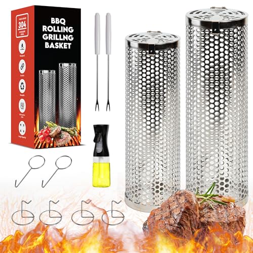 Rolling Grilling Baskets (2 PCS) - 360° Heavy Duty Stainless Steel BBQ Basket, Complete Set for Outdoor Cooking and Party