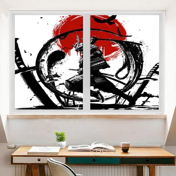Japanese Samurai Decorative Window Film Watercolor Ink Samurai Sword Red Sun Printdining Room Window Film,Dorm Room Glass Film 23.6Wx47.2L-Inch X2Pcs