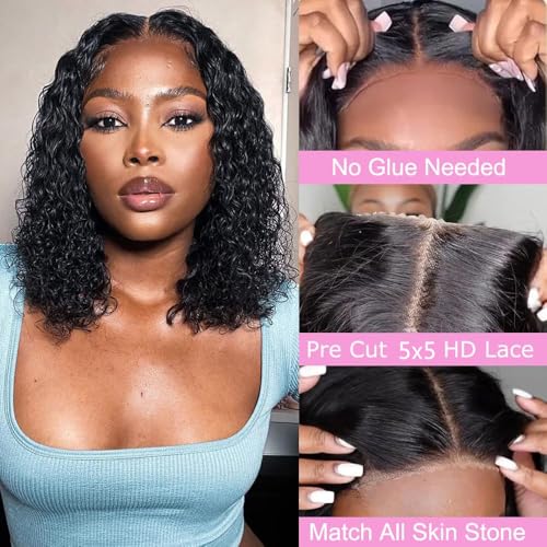 Curly Bob Wig Human Hair Water Wave Glueless Wigs Human Hair Pre Plucked Pre Cut 5x5 HD Lace Closure Wigs Human Hair Wear and Go Glueless Wigs For Black Women Water Wave Bob Wig Human Hair 12 inch