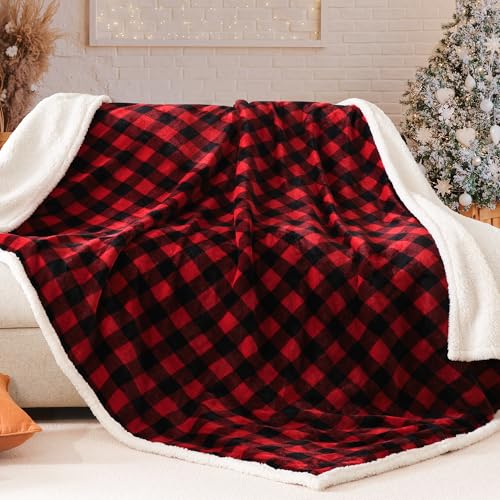 BEAUTEX Christmas Sherpa Fleece Throw Blanket, Super Soft Warm Buffalo Plaid Plush Blankets and Throws, Warm Winter Cozy F...