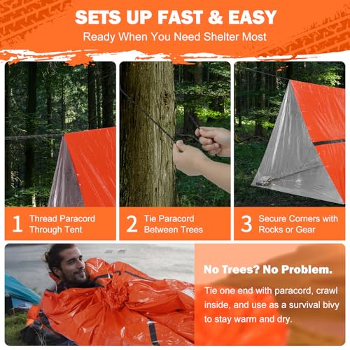 Emergency Survival Tent Life Shelter - 2 Person Mylar Emergency Shelter Tube Tent with Emergency Whistle & Paracord, All-W...