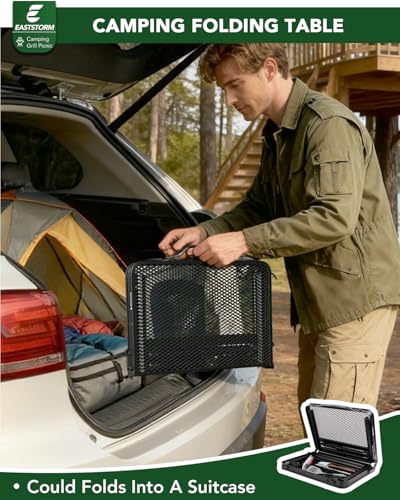 E EASTSTORM 2Ft Small Folding Table with Carry Handle, Adjustable Height 10.6–22 in, Black Metal Mesh, Portable & Compact ...