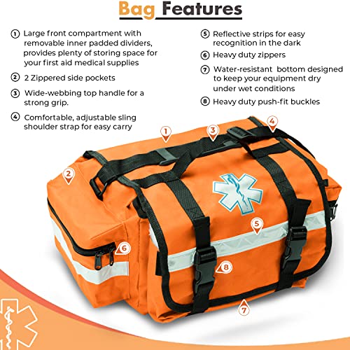 NOVAMEDIC Professional Empty Orange First Responder Bag, 17" x 9" x 7", EMT Trauma First Aid Carrier for Paramedics and Em...