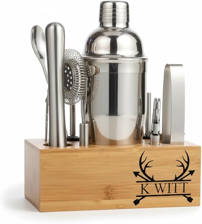 Personalized Cocktail Shaker Set with Stand — Engraved Bartender Kit w/Jigger, Strainer, Spoon & Pourer — Custom Bar Mixol...