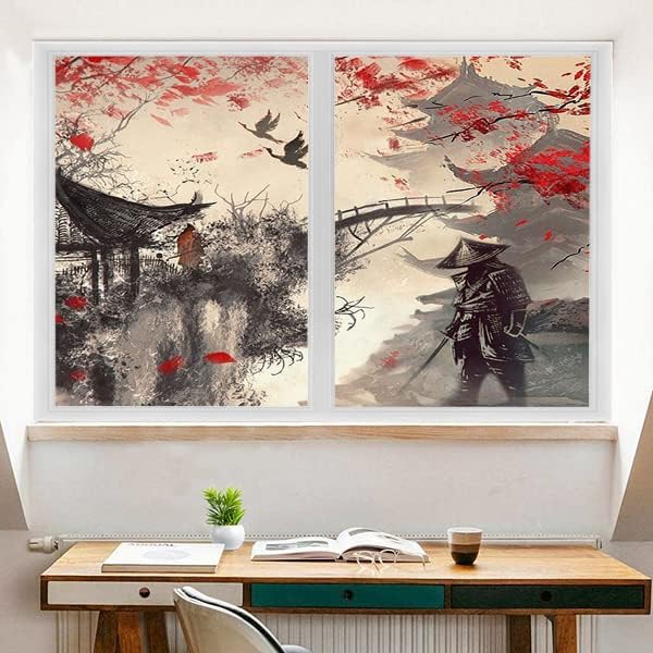 Vintage Japanese Samurai Air Window Film Watercolor Ink Ancient Cherry Blossom Red Sunblackout Window Film,Playroom Window Film 17.7Wx23.6L-Inch X2Pcs