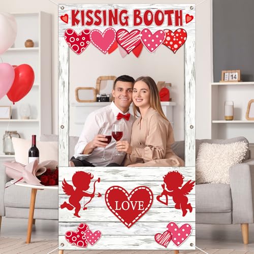 Valentine's Day Party Decorations Kissing Booth Theme Photo Booth Props Cupid Love Heart Banner Valentine Picture Frame fo...