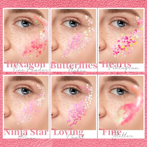Teenitor Face Glitter, Pink Body Glitter Gel, Holographic Glitter for Face and Body, Hair, Gel Glitter Makeup for Festival...