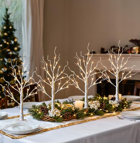 EAMBRITE Home Decorations Light Up White Birch Tree Indoor Christmas Decor, 4 Pack Battery Operated/USB Lighted Tabletop M...