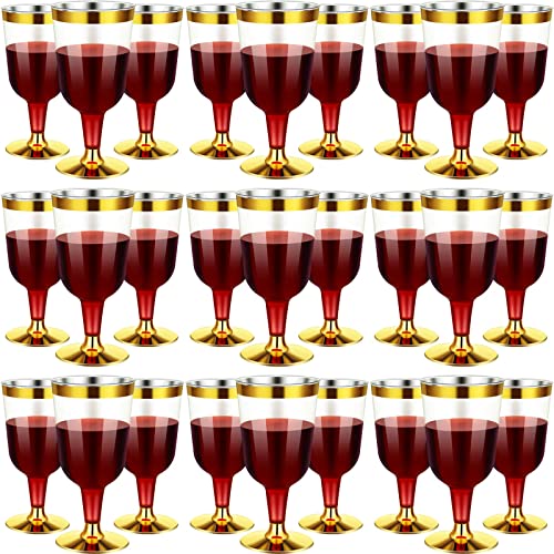 CHENGU 100 Pcs Plastic Wine Glasses 7 oz Gold Rimmed Mini Stemware with Removable Base for Wedding Parties Birthday Annive...