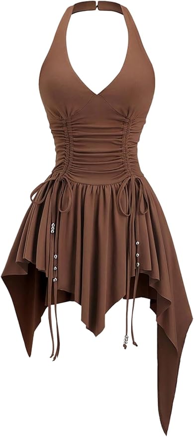 WDIRARA Women's Punk Halter Mini Dress Western Asymmetrical Ruffle Sleeveless Drawstring Ruched A Line Dresses