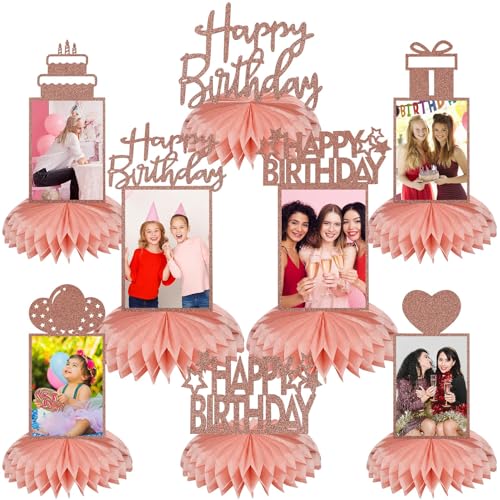 Bumqviy 8Pcs Rose Gold Birthday Decorations Honeycomb Centerpieces for Women Girl, Pink Rose Gold Glitter Birthday Photo T...