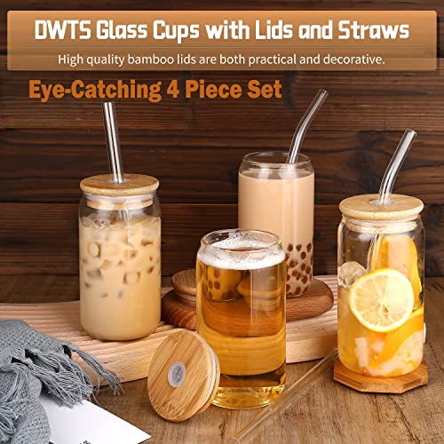 DWTS DANWEITESI Glass Cups with Lids and Straws 4 pcs,16oz Drinking Glasses Set for Coffee Bar Accessories,Iced Coffee Cup...