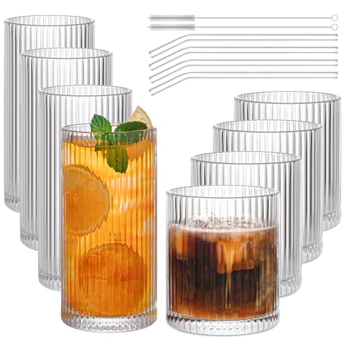 AUFXKOO Set of 8 Vintage Ribbed Glassware,4 Highball Glasses 12 oz,4 Rocks Drinking Glasses 14 oz,Ribbed Cocktail Glass Cu...