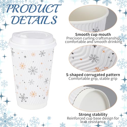 Foxtell 100 Pcs 16 oz Christmas Coffee Cups with White Lids Snowflake Disposable Paper Cups Bulk Insulated Hot Cocoa Cup f...