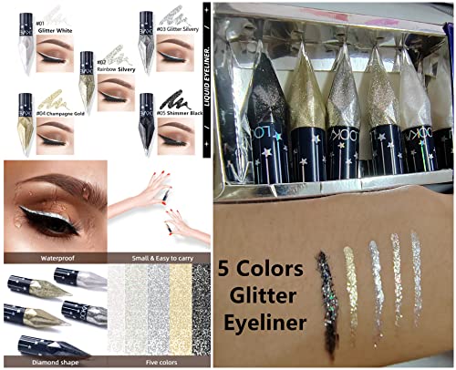Go Ho Glitter Liquid Eyeliner Colorful Set,5 Colors Metallic Shimmer White Black Silver Gold Diamond Eyeliner,Glitter Eye ...