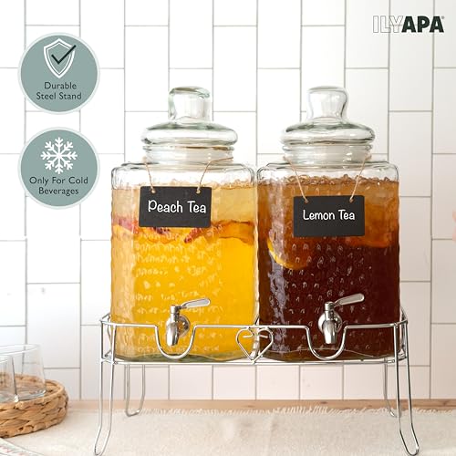 Ilyapa Double Glass Beverage Dispenser with Stand - 2 Gallon Large Drink Dispensers for Ice Water, Lemonade, Juice, Sangri...
