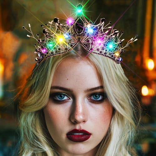 Kilshye Light Up Black Rhinestone Crown LED Gothic Tiara Headband Festival Costume Hair Accessoris for Women