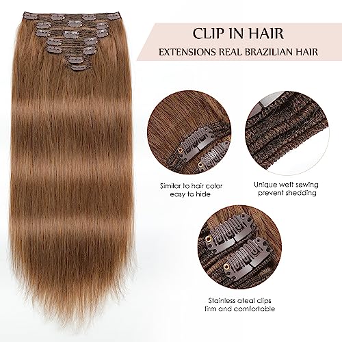 Sisily Clip in Hair Extensions Real Human Hair, 18 inch 150g, Medium Light Brown, 100% Brazilian Remy Human Hair Clip in Extensions Soft Straight 7pcs Per Set with 16 Clips Double Weft