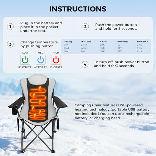 OUTSIDER Heated Camping Chair Heavy Duty 3-Position Folding Camp Chair with 3 Heat Levels, Cup Holder & Side Storage - Out...