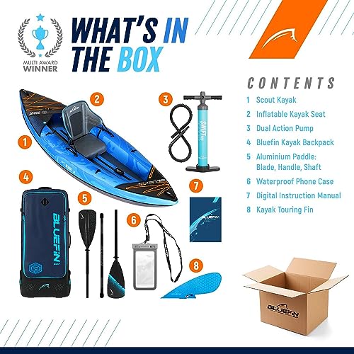 Premium Bluefin Ranger & Scout Inflatable Kayak - Inflatable 1 & 2 Person Kayak Accessories: Pump, Paddle Phone Case and B...